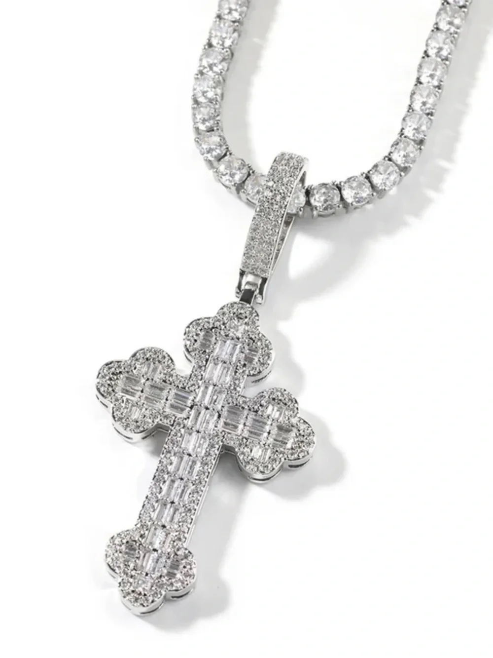White Gold-Tone Pavé Cross Pendant Necklace - 20inch